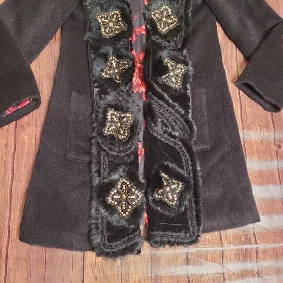 Olivine Gabbro Coat Womens 6 Black Alpaca Embellished Mid Length Rabbit Fur Trim - Picture 8 of 16